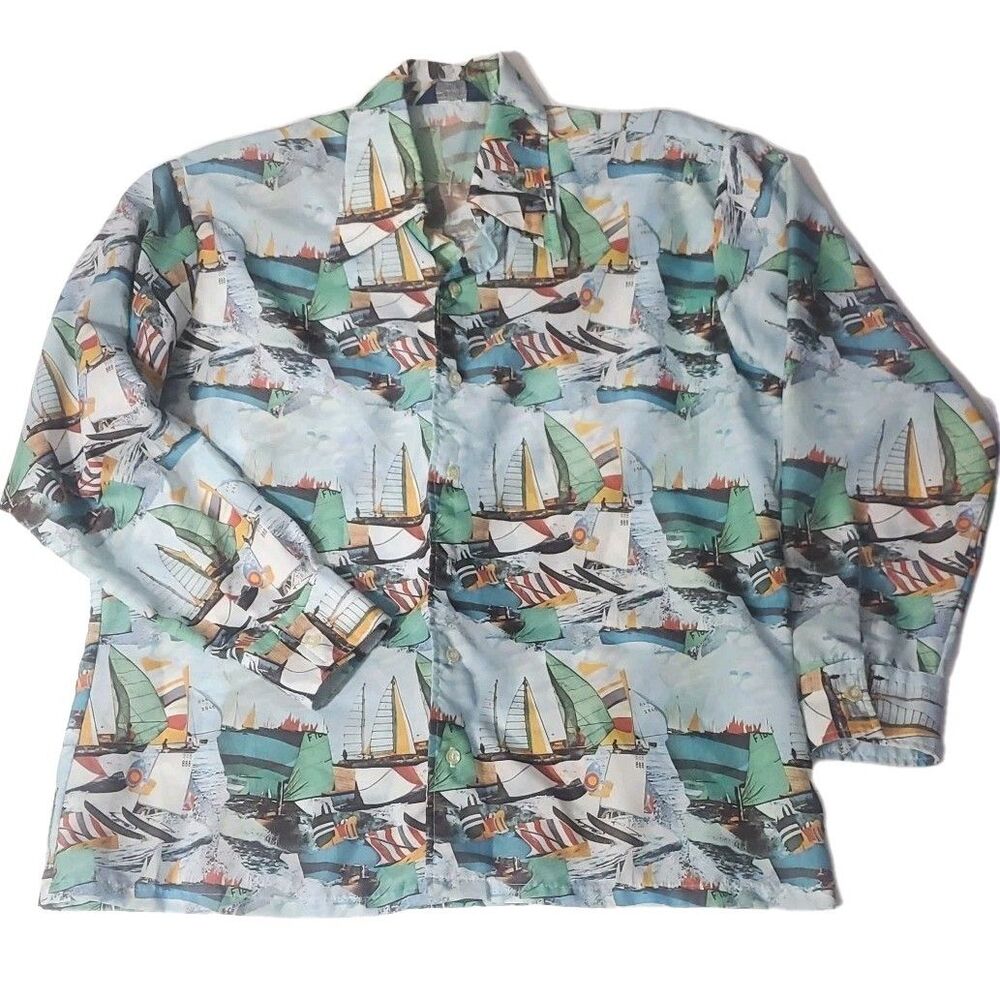 Vtg 60s-70s Pierre La Grande XL Donegal Sailing Sailboat Button Down Disco Shirt